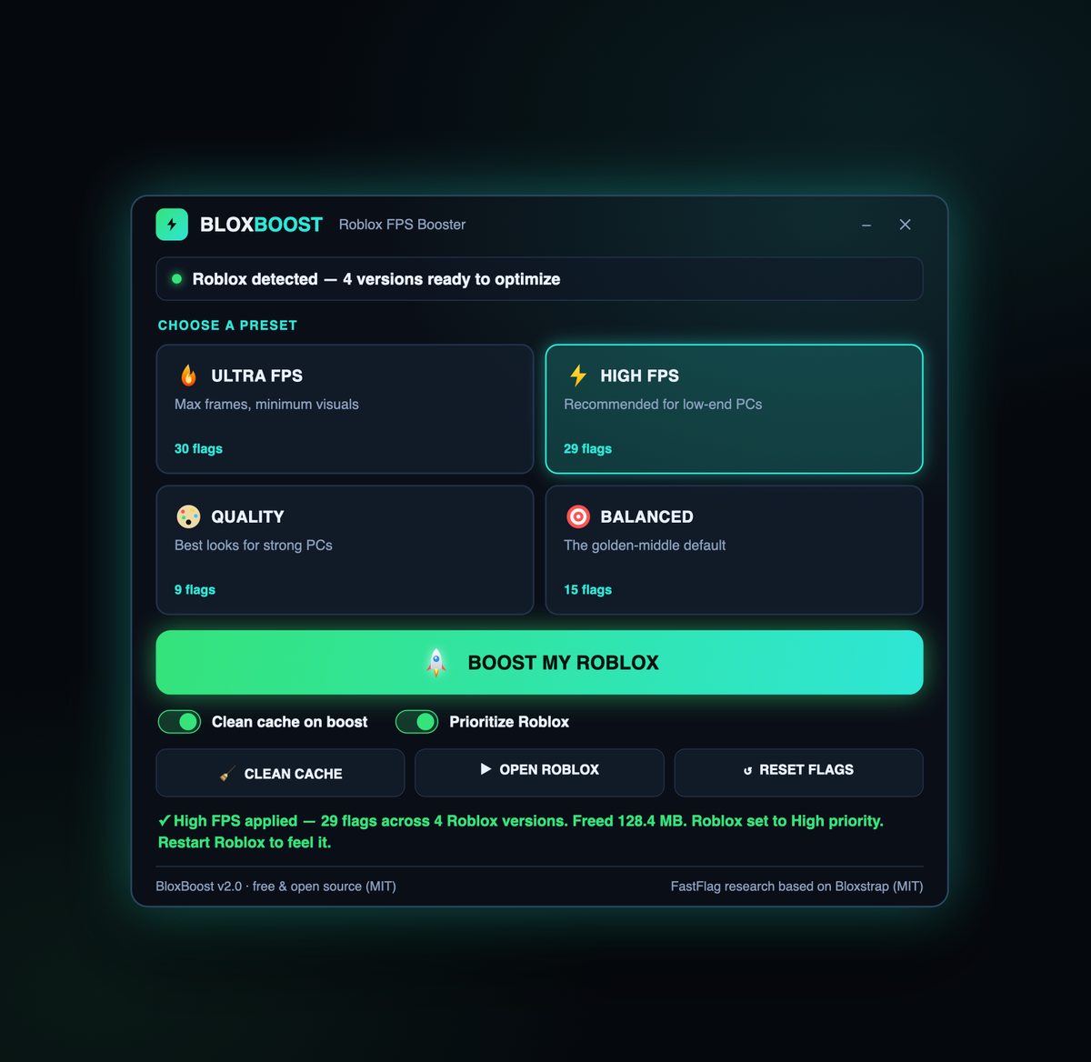 BloxBoost — Roblox FPS booster dashboard with four presets